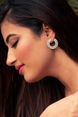 White Rhodium Finish Zircon Dangler Earrings In Sterling Silver by Silver Ishq
