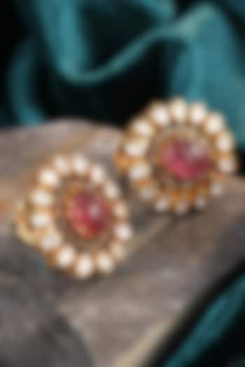 Gold Finish Pink Synthetic Stone & Kundan Polki Stud Earrings In Sterling Silver by Silver Ishq at Pernia's Pop Up Shop