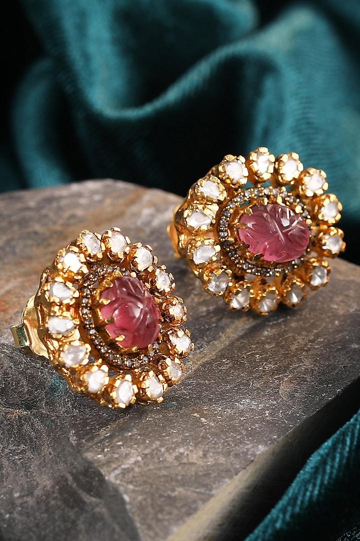 Gold Finish Pink Synthetic Stone & Kundan Polki Stud Earrings In Sterling Silver by Silver Ishq at Pernia's Pop Up Shop