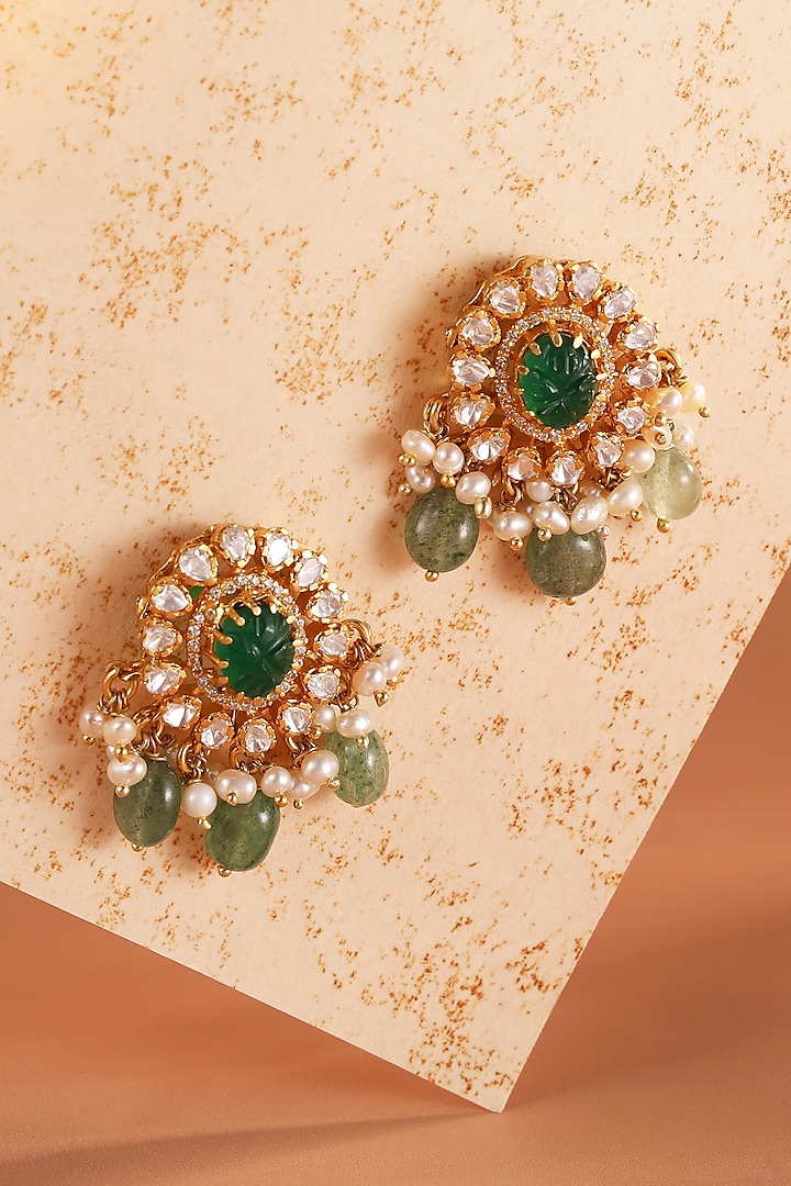 Gold Plated Green Synthetic Stone & Kundan Polki Stud Earrings In Sterling Silver by Silver Ishq at Pernia's Pop Up Shop