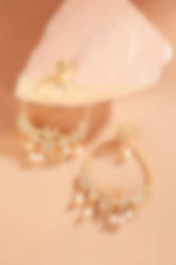 Gold Finish Pearl & Kundan Polki Chandbali Earrings In Sterling Silver by Silver Ishq at Pernia's Pop Up Shop