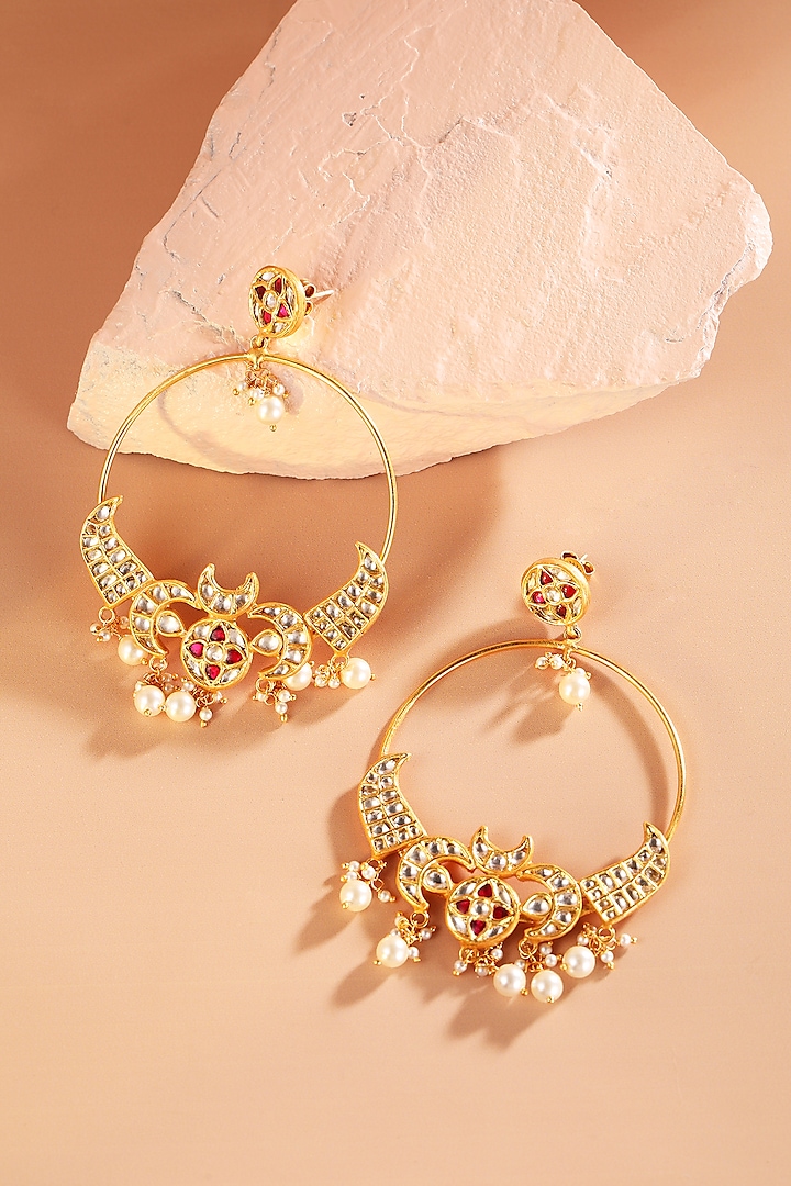 Gold Finish Pearl & Kundan Polki Chandbali Earrings In Sterling Silver by Silver Ishq at Pernia's Pop Up Shop