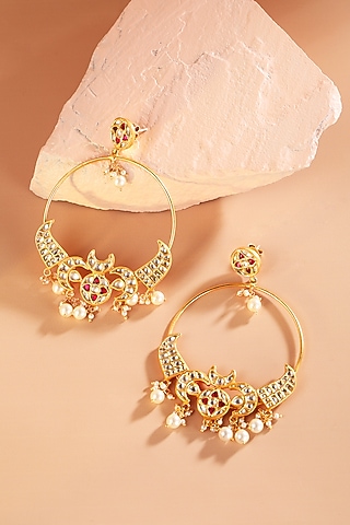 Gold Finish Pearl & Kundan Polki Chandbali Earrings In Sterling Silver by Silver Ishq
