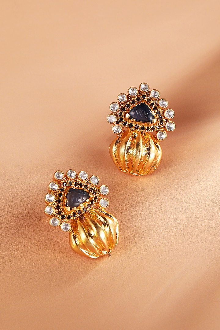 Gold Plated Aqua Synthetic Stone & Kundan Polki Stud Earrings In Sterling Silver by Silver Ishq at Pernia's Pop Up Shop