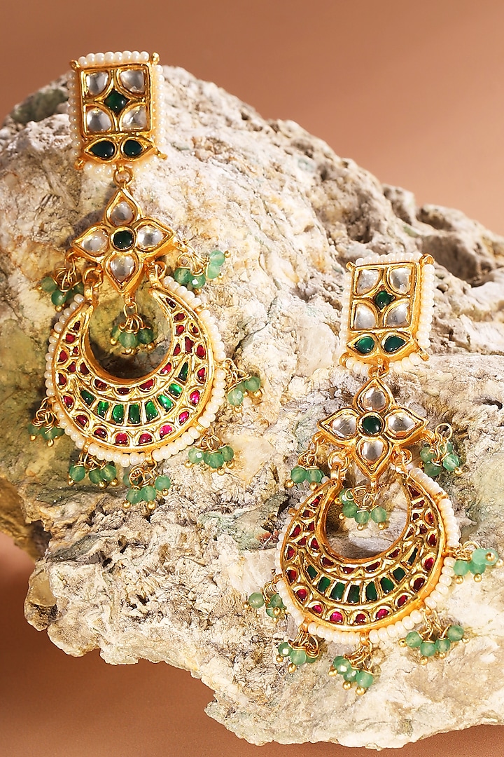 Gold Finish Red & Green Stone Dangler Earrings In Sterling Silver by Silver Ishq at Pernia's Pop Up Shop