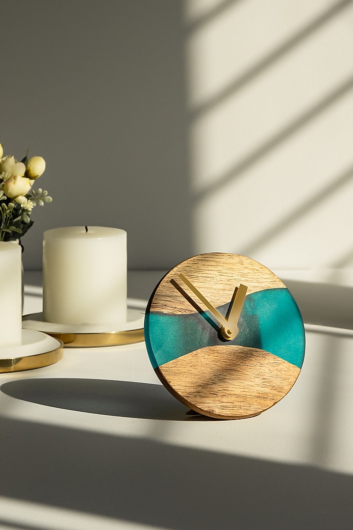 Translucent Aqua Wood-Epoxy Table Clock by Silken