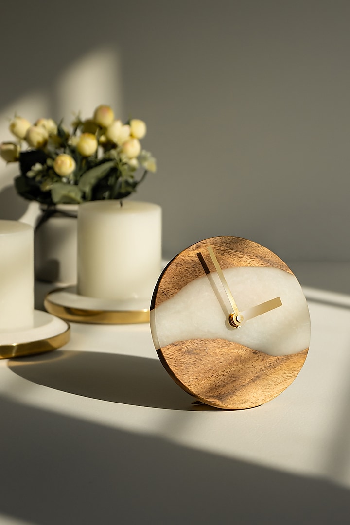 Pearl White Wood-Epoxy Table Clock by Silken