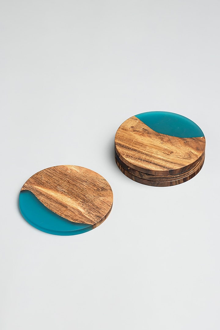 Translucent Aqua Wood-Epoxy Round Coasters (Set of 4) by Silken at Pernia's Pop Up Shop