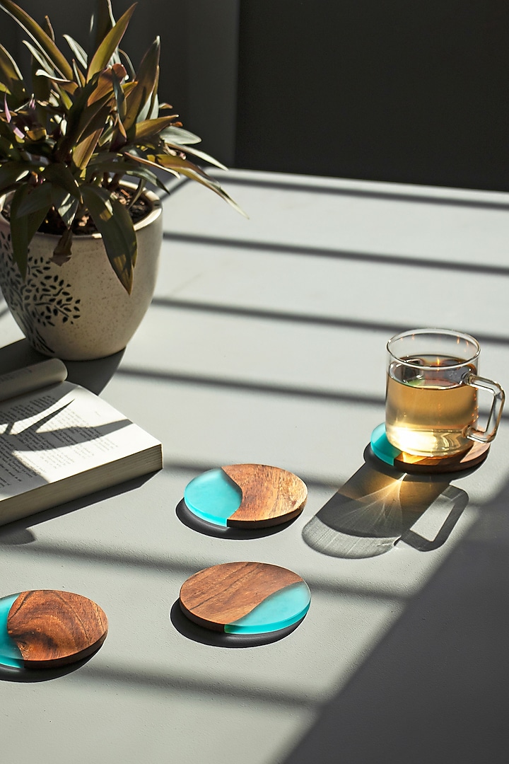 Translucent Aqua Wood-Epoxy Round Coasters (Set of 4) by Silken at Pernia's Pop Up Shop