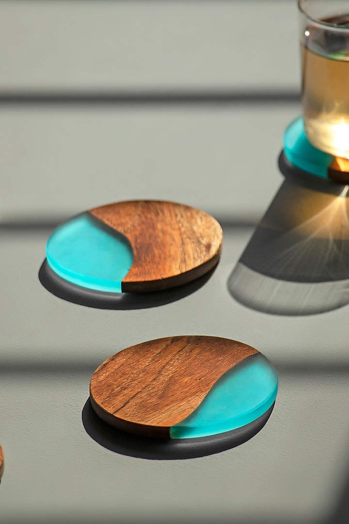 Translucent Aqua Wood-Epoxy Round Coasters (Set of 4) by Silken at Pernia's Pop Up Shop