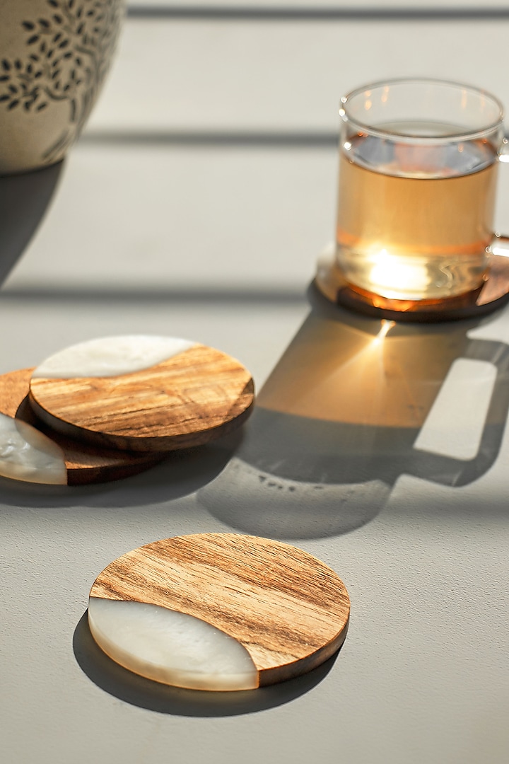 Pearl White Wood-Epoxy Round Coasters (Set of 4) by Silken at Pernia's Pop Up Shop