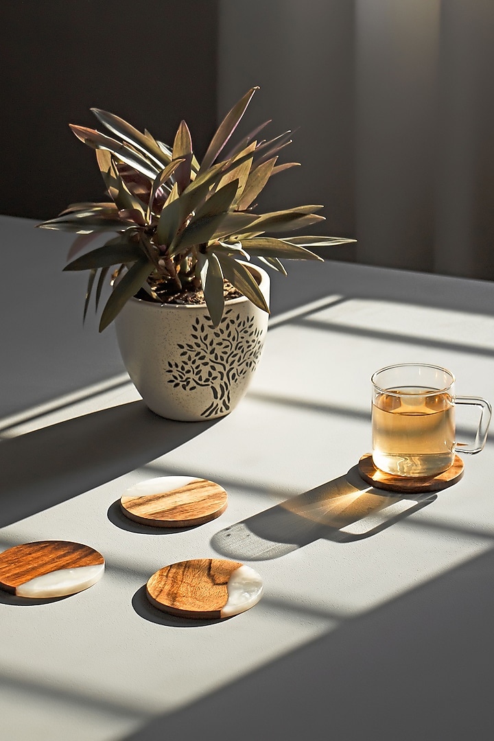 Pearl White Wood-Epoxy Round Coasters (Set of 4) by Silken at Pernia's Pop Up Shop