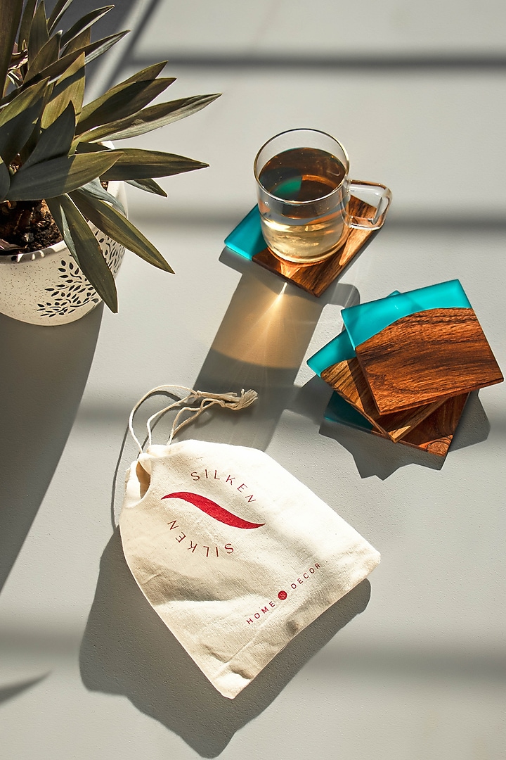 Translucent Aqua Wood-Epoxy Square Coasters (Set of 4) by Silken at Pernia's Pop Up Shop