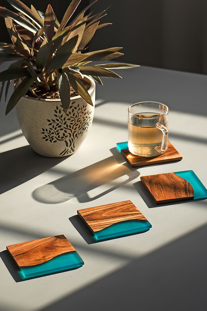 Translucent Aqua Wood-Epoxy Square Coasters (Set of 4) by Silken at Pernia's Pop Up Shop