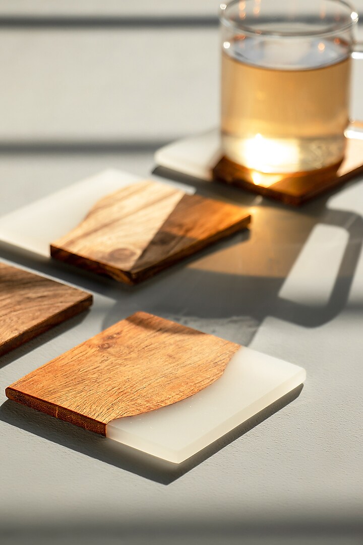 Translucent White Wood-Epoxy Square Coasters (Set of 4) by Silken