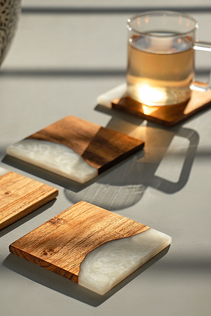 Pearl White Wood-Epoxy Square Coasters (Set of 4) by Silken at Pernia's Pop Up Shop