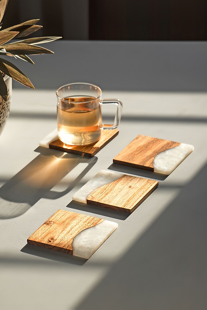 Pearl White Wood-Epoxy Square Coasters (Set of 4) by Silken at Pernia's Pop Up Shop