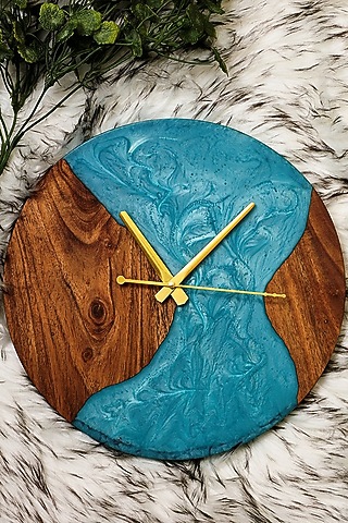 Pearl Aqua Wood-Epoxy Round Wall Clock by Silken
