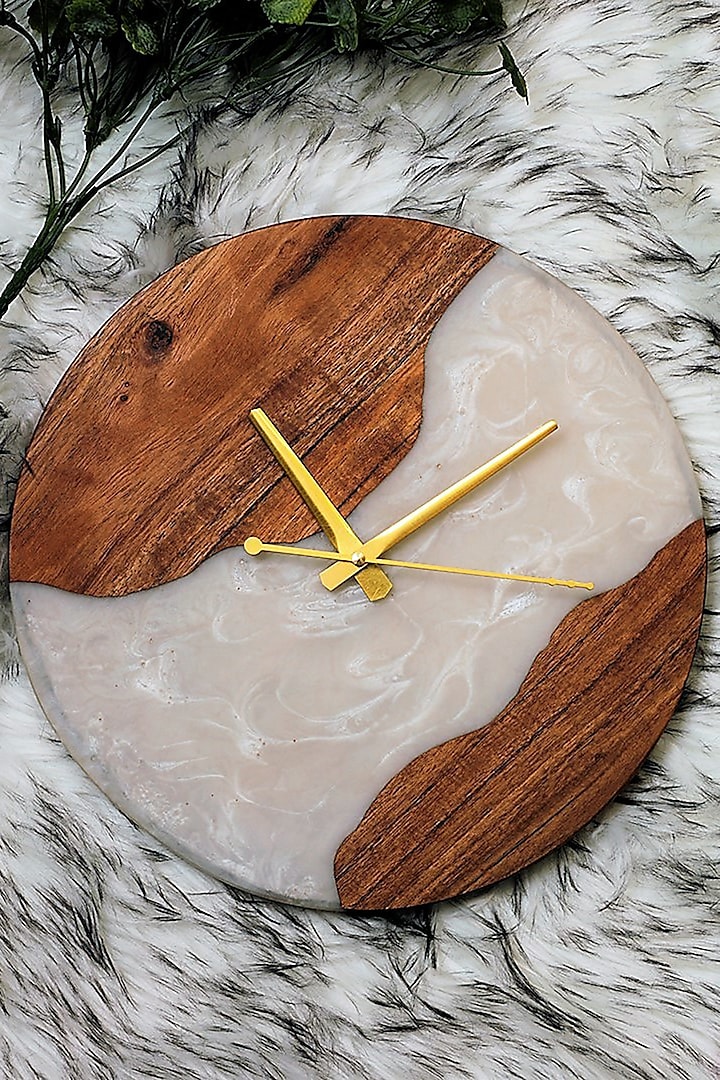 Pearl White Wood-Epoxy Round Wall Clock by Silken