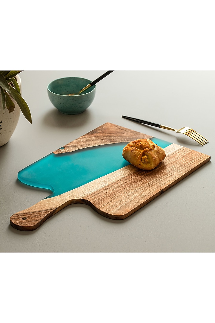 Translucent Aqua Wood-Epoxy Platter With Paddle by Silken at Pernia's Pop Up Shop