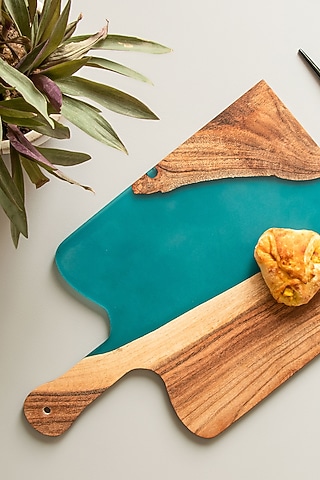 Translucent Aqua Wood-Epoxy Platter With Paddle by Silken