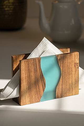 Translucent Aqua Wood-Epoxy Napkin Holder by Silken