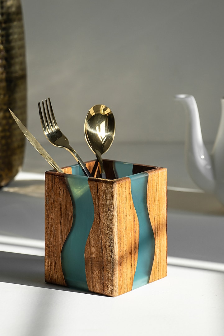 Translucent Aqua Wood-Epoxy Cutlery Holder by Silken