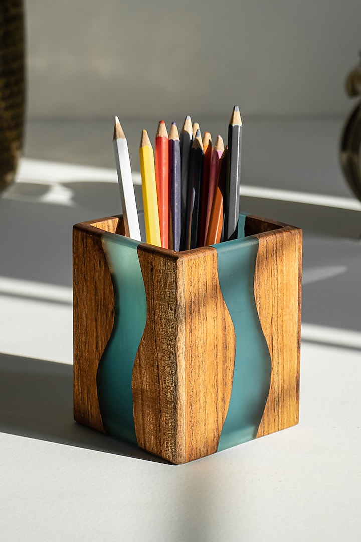 Translucent Aqua Wood-Epoxy Cutlery Holder by Silken at Pernia's Pop Up Shop