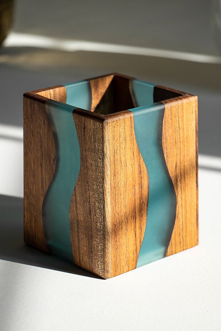 Translucent Aqua Wood-Epoxy Cutlery Holder by Silken at Pernia's Pop Up Shop