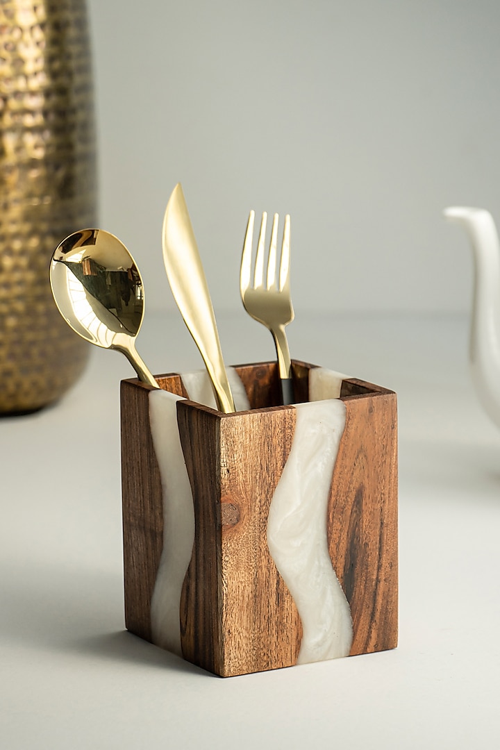 Pearl White Wood-Epoxy Cutlery Holder by Silken