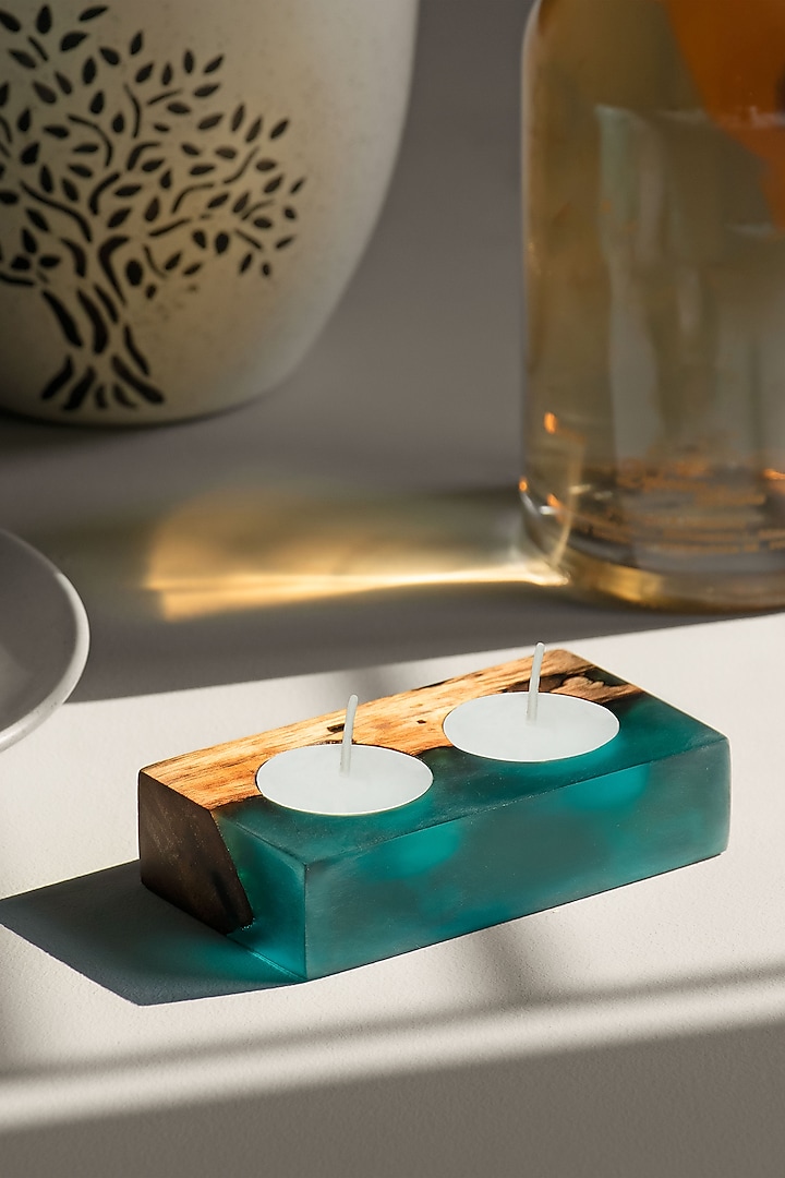 Translucent Aqua Wood-Epoxy Tea-Light Holder by Silken
