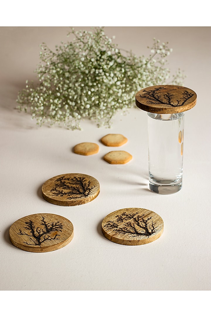 Natural Brown Wooden Lichtenberg Coasters (Set of 4) by Silken