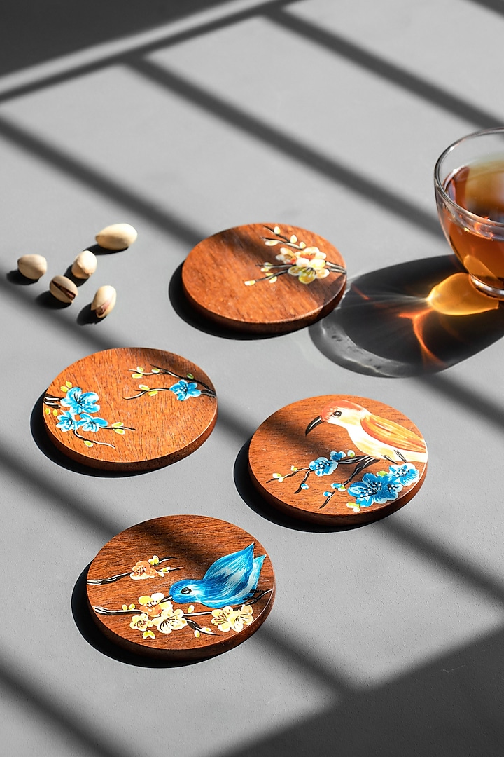 Natural Brown Wooden Hummingbird Coasters (Set of 4) by Silken