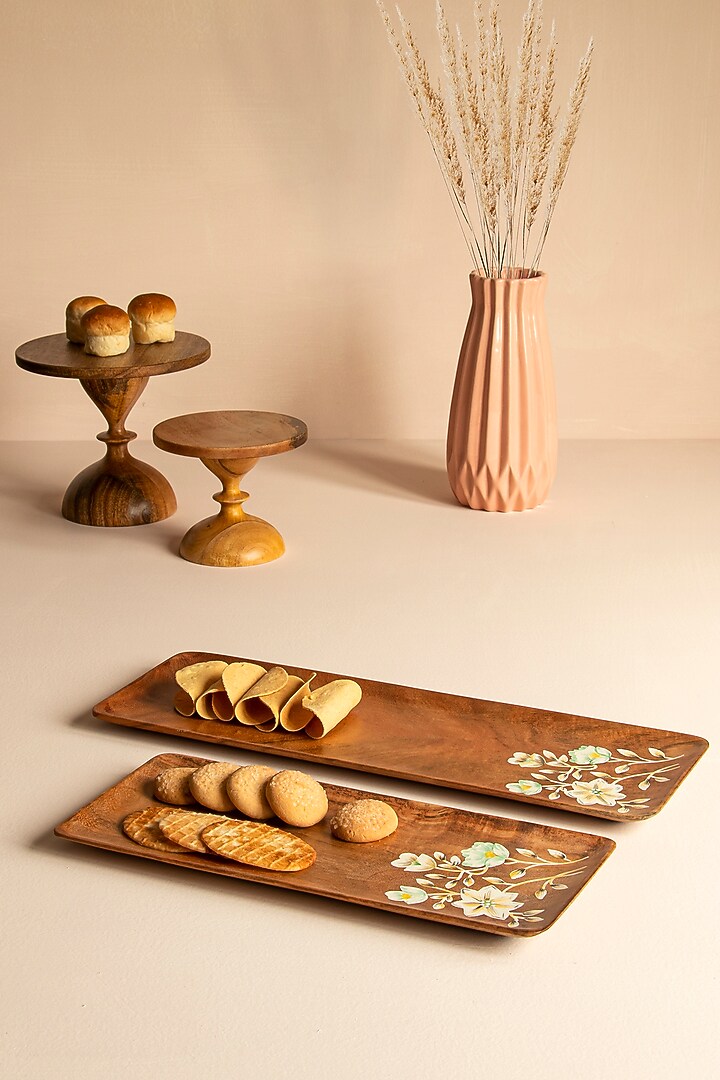 Natural Brown Floral Hand-Painted Platter (Set of 2) by Silken at Pernia's Pop Up Shop