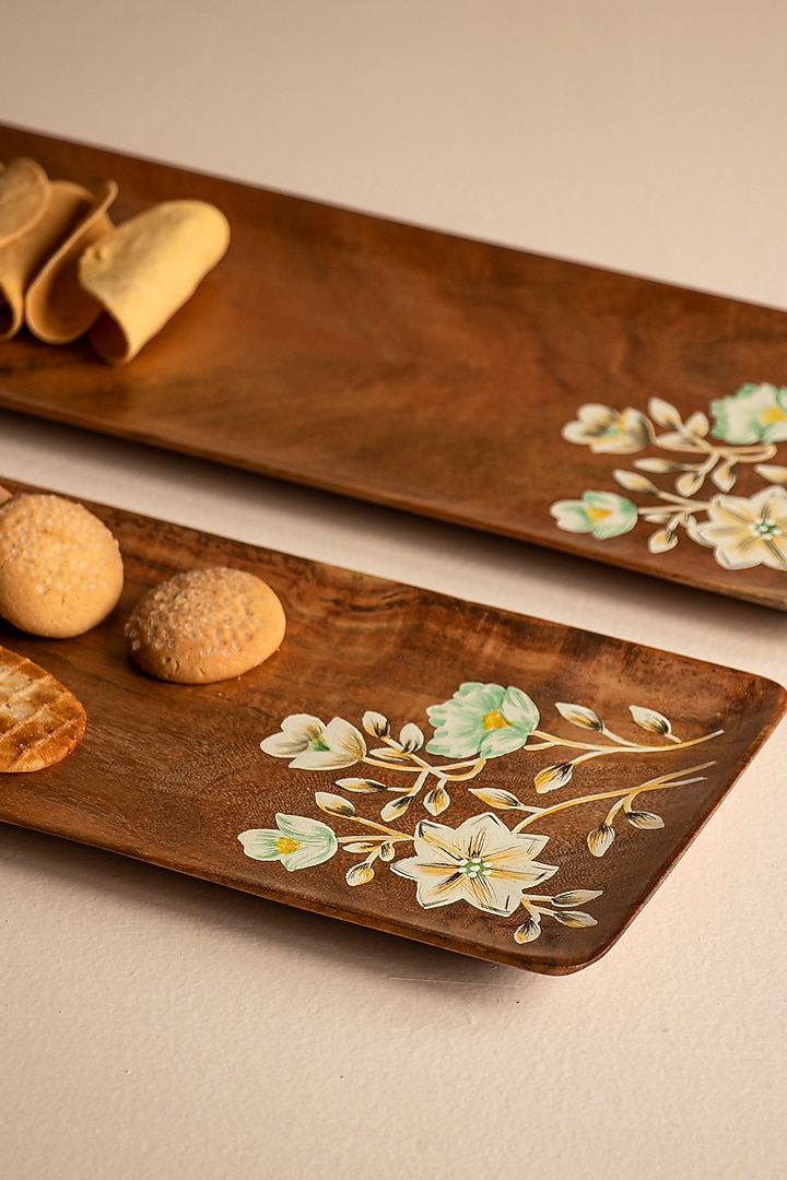 Natural Brown Floral Hand-Painted Platter (Set of 2) by Silken at Pernia's Pop Up Shop