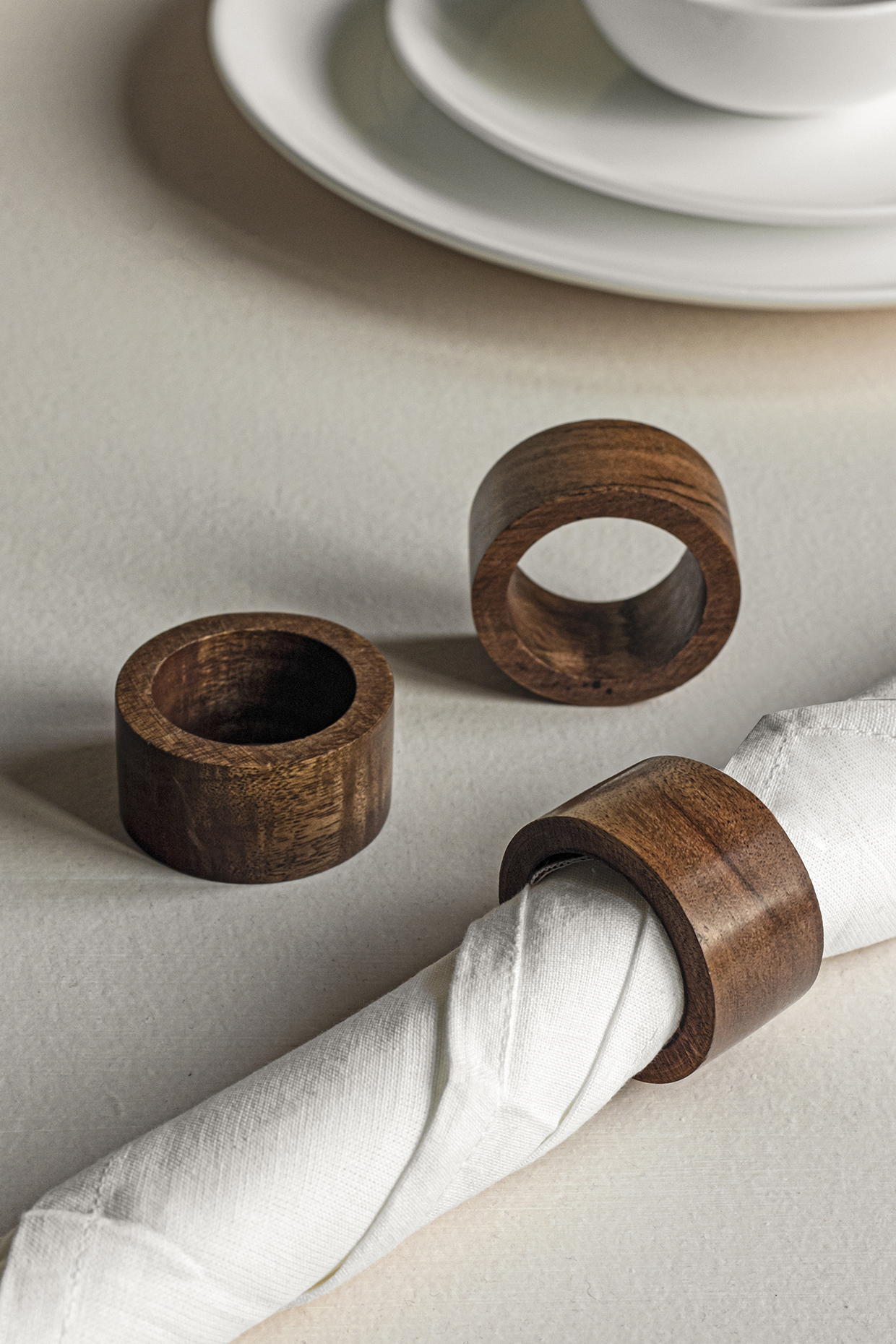 Natural Brown Mango Wood Round Napkin Rings Design by Silken at