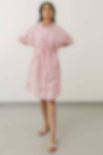 Pink Linen Embroidered Shirt Dress by Silai Studio