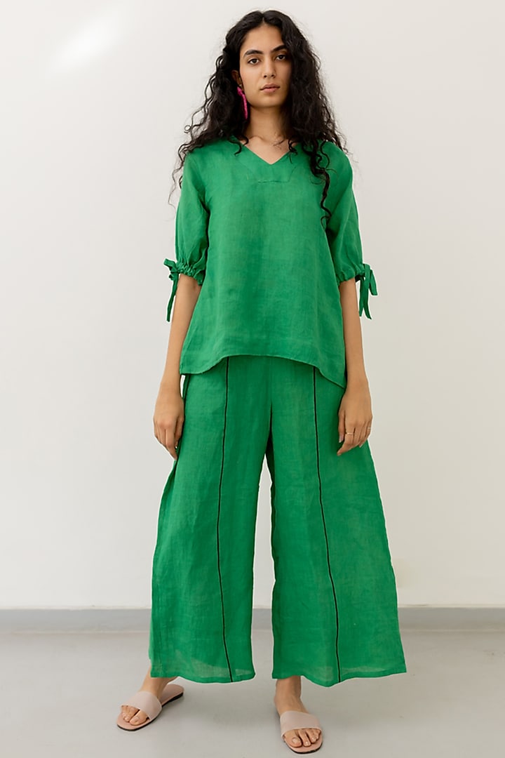 Green Linen Short Top by Silai Studio