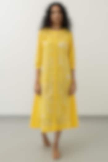 Yellow Cotton Crush Embroidered A-Line Tunic by Silai Studio