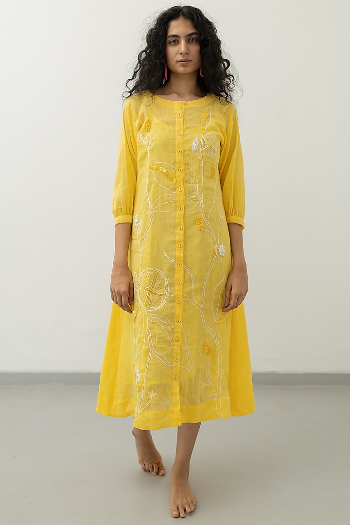 Yellow Cotton Crush Embroidered A-Line Tunic by Silai Studio