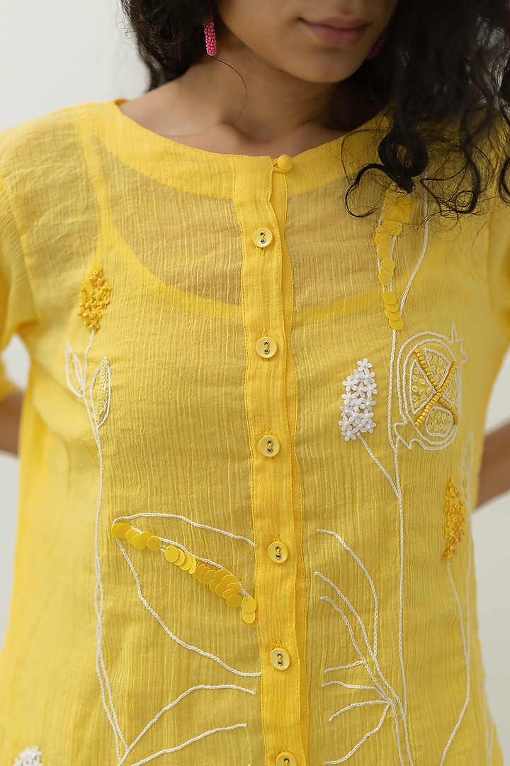 Yellow Cotton Crush Embroidered A-Line Tunic by Silai Studio at Pernia's Pop Up Shop