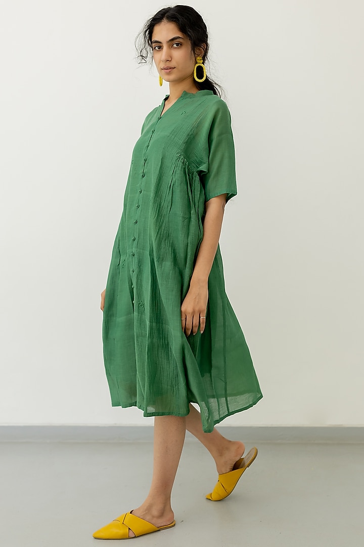 Bottle Green Chanderi Embroidered A-Line Dress by Silai Studio
