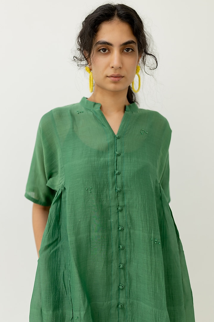 Bottle Green Chanderi Embroidered A-Line Summer Dress by Silai Studio at Pernia's Pop Up Shop