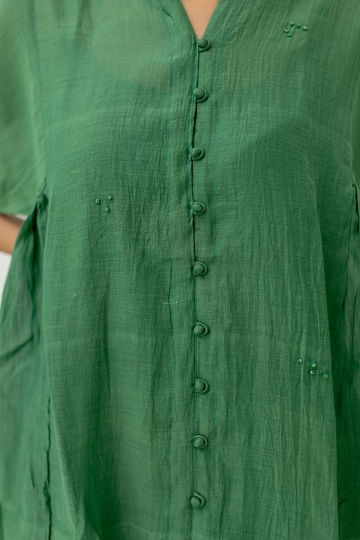 Bottle Green Chanderi Embroidered A-Line Summer Dress by Silai Studio at Pernia's Pop Up Shop