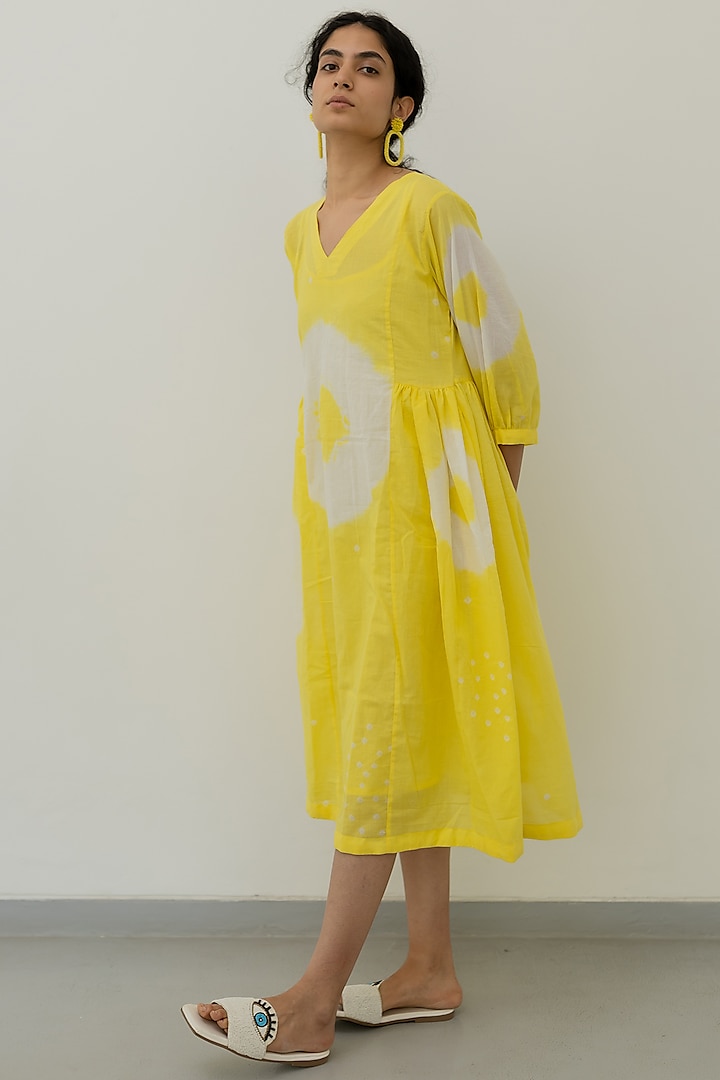 Lemon Yellow Mulmul Bandhej Dress by Silai Studio
