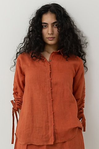 Ginger Orange Linen Shirt by Silai Studio
