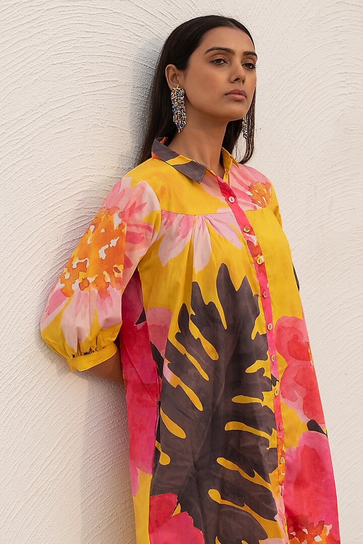 Yellow Cotton Poplin Floral Printed Tunic by Silai Studio at Pernia's Pop Up Shop
