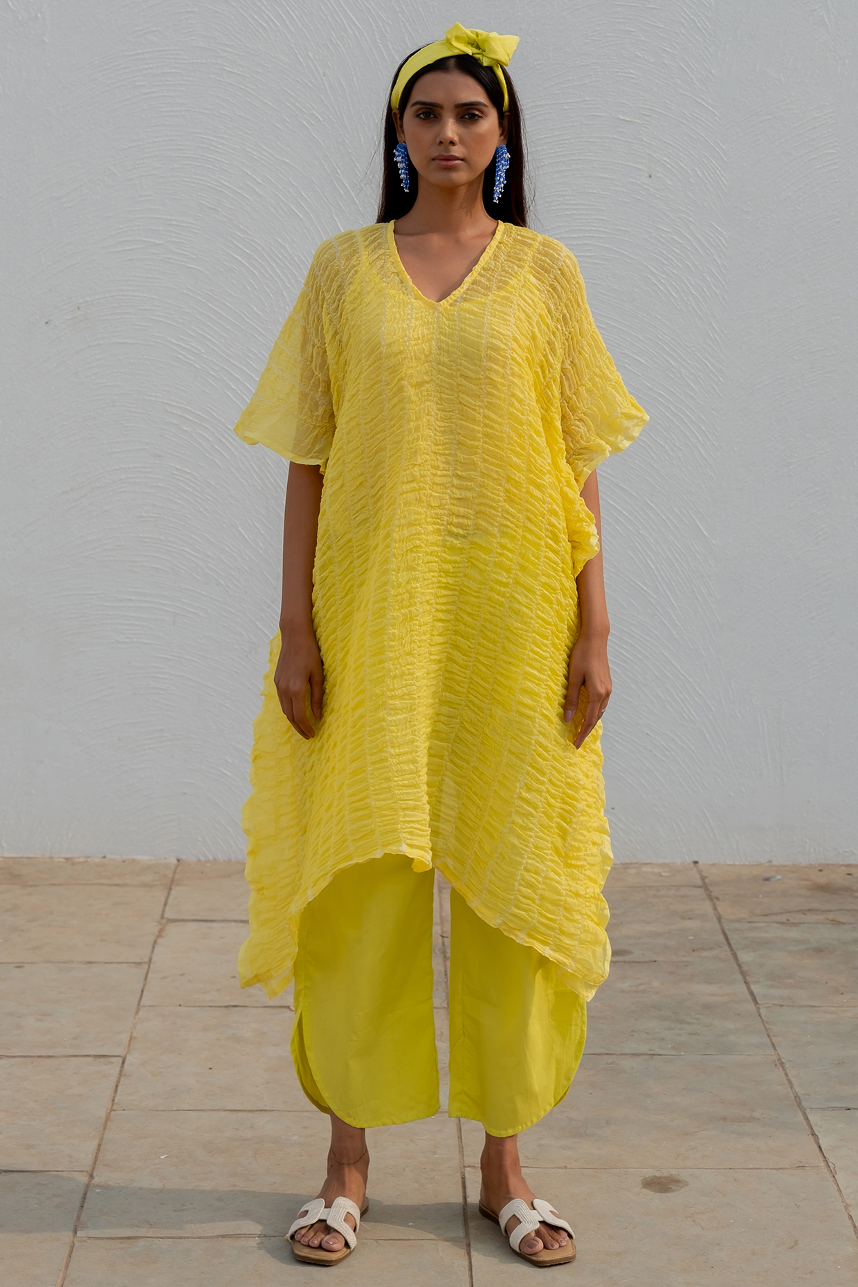 Ice Lime Chanderi Bandhani Kaftan by Silai Studio at Pernia's Pop Up Shop