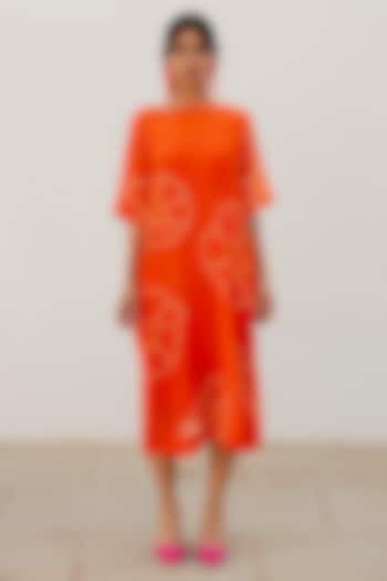 Burnt Orange Chanderi Bandhani Tie-Dyed A-Line Summer Dress by Silai Studio at Pernia's Pop Up Shop