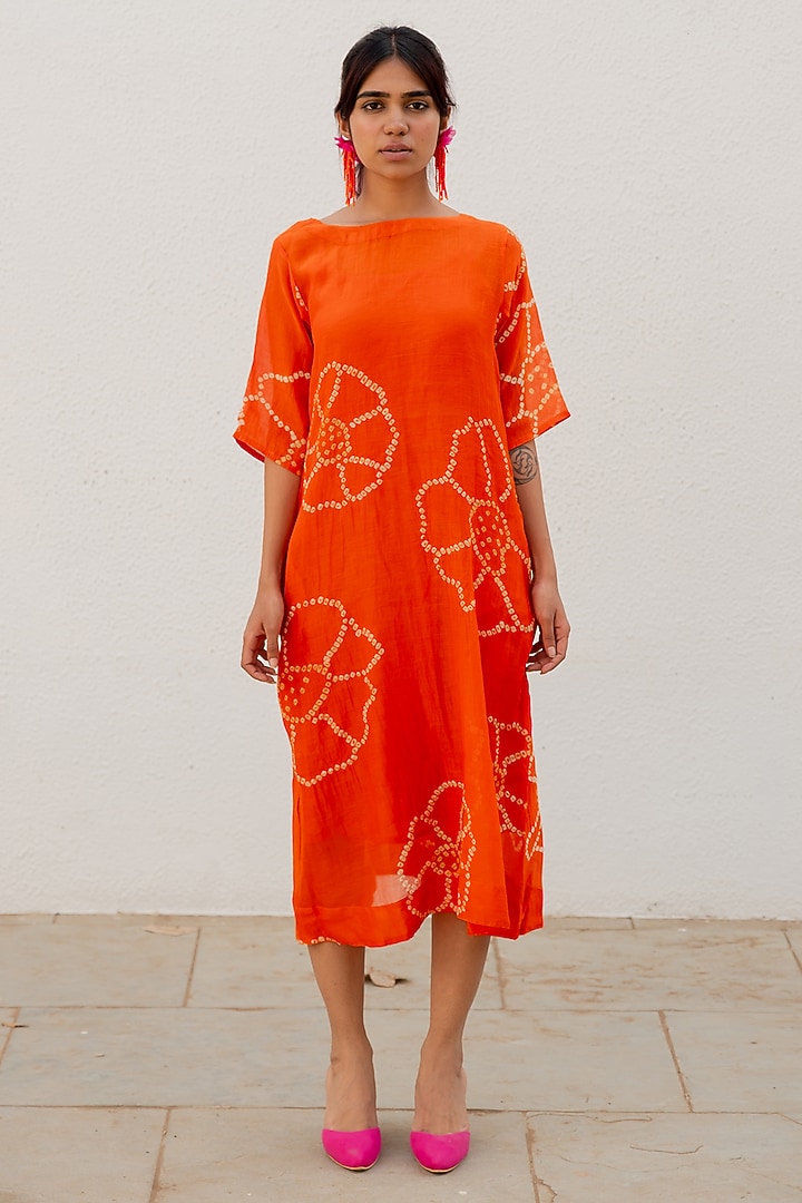 Burnt Orange Chanderi Bandhani Tie-Dyed A-Line Summer Dress by Silai Studio at Pernia's Pop Up Shop